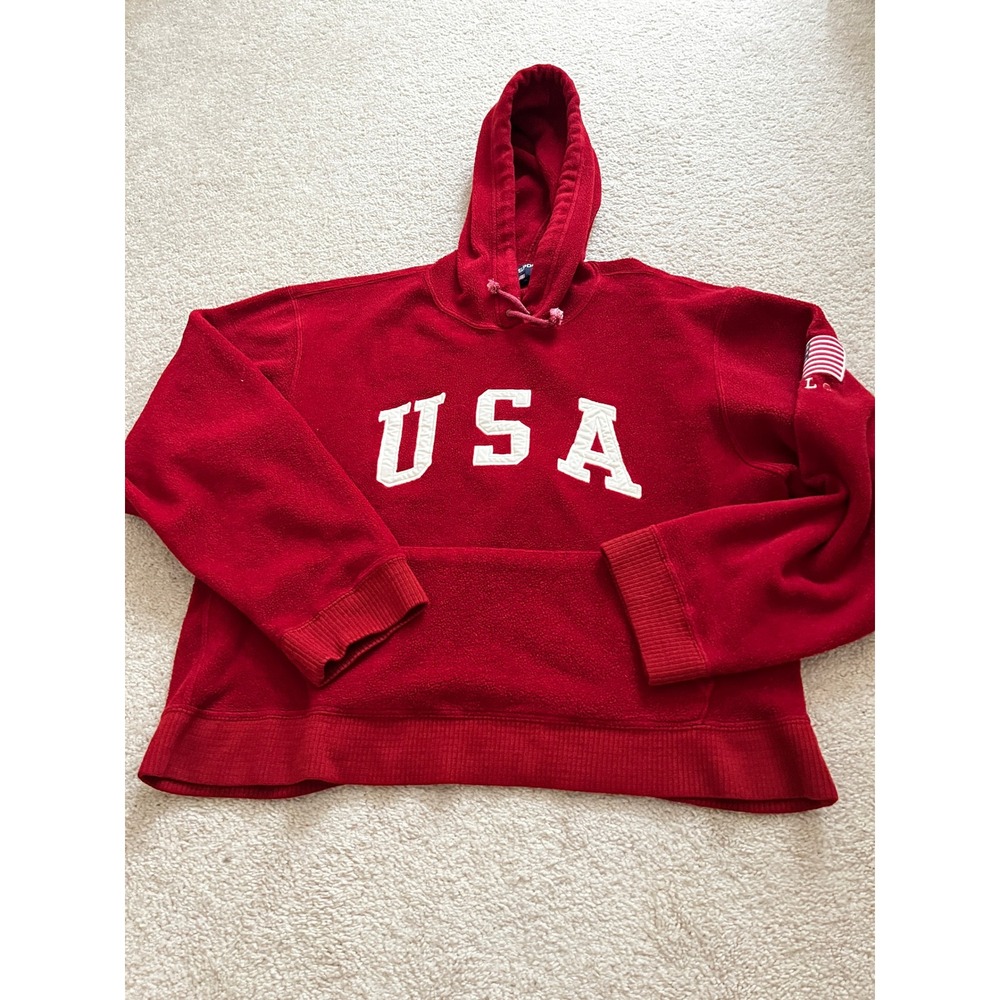 Vintage Polo Sport Ralph Lauren USA Fleece Hoodie Red Flag 80's 90's XL